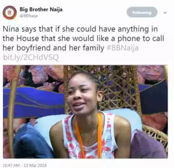 BBNaija: Twitter Nigeria Reacts After Nina Requested To Call Her Boyfriend